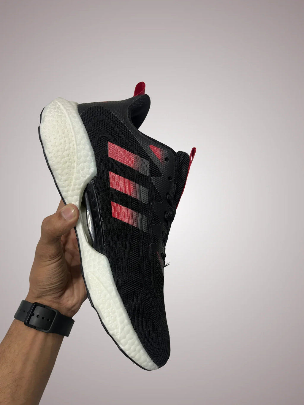 Adidas Boost Running Shoes – Black Red Stripes, Lightweight & Cushioned Sneakers for Men