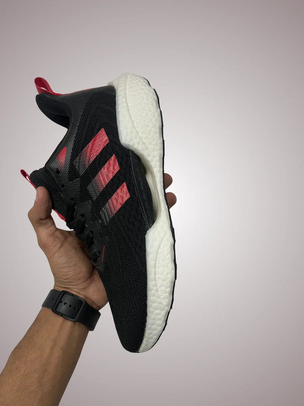 Adidas Boost Running Shoes – Black Red Stripes, Lightweight & Cushioned Sneakers for Men